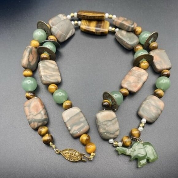 Rainforest Jasper Aventurine Tiger Eye Bead Necklace 22" Elephant Coin 66g Boho - Picture 3 of 10